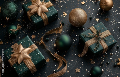 Chic Christmas gifts and decorations displayed elegantly on a dark background...