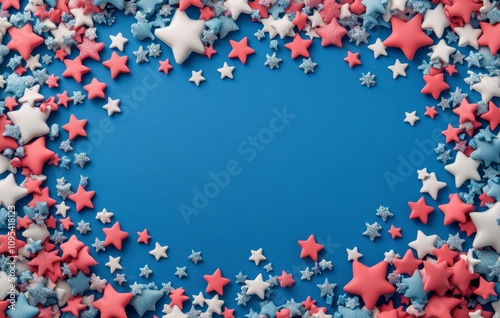 Colorful red, white, and blue star decorations arranged on a blue background ...