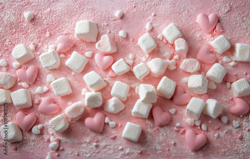 Sweet heart-shaped marshmallows and white cubes scattered on a pink background