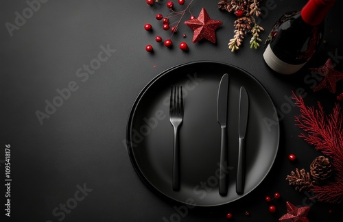 Festive table setting with black plate, wine bottle, and Christmas decoration...