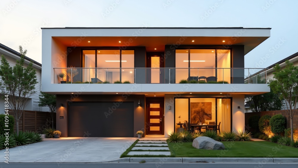 Modern architectural marvel featuring sleek design and inviting illumination at dusk Modern architectural marvel featuring sleek design and inviting illumination at dusk