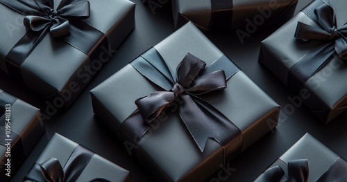 Decorative black gift boxes with satin bows arranged elegantly on a dark surface