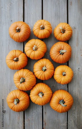 Bright orange pumpkins arranged on a rustic wooden table in autumn