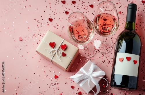 Elegant rose wine setup for a romantic celebration with gifts and heart decor...