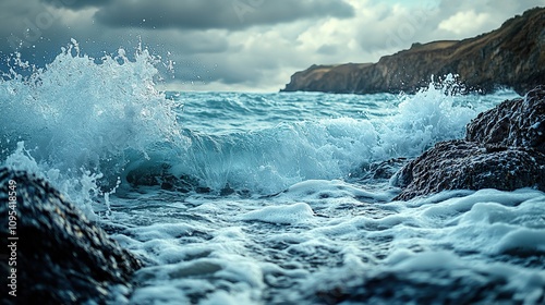 Rough waves crashing over dark rocks at the edge of a stormy ocean.

