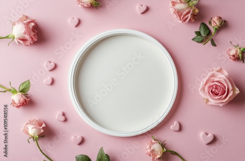 Soft pink background adorned with roses and hearts, featuring a blank circula...
