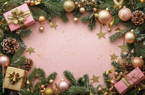 Decorative Christmas arrangement with gifts, ornaments, and pine branches on ...