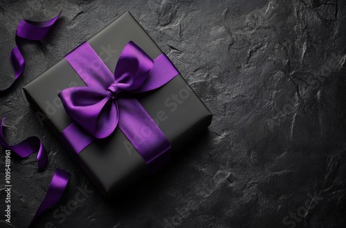 Elegant black gift box with purple ribbon placed on a textured dark surface f...