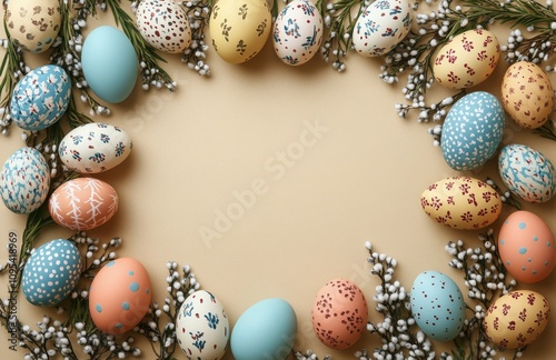 Colorful Easter eggs and rabbits surrounded by blooming branches on a soft ba...