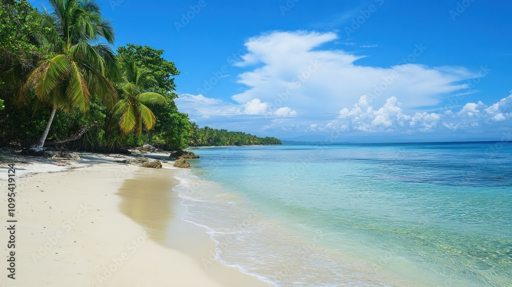 Idyllic Tropical Beach Paradise: White Sand, Turquoise Waters, and Lush Palm Trees Idyllic Tropical Beach Paradise: White Sand, Turquoise Waters, and Lush Palm Trees