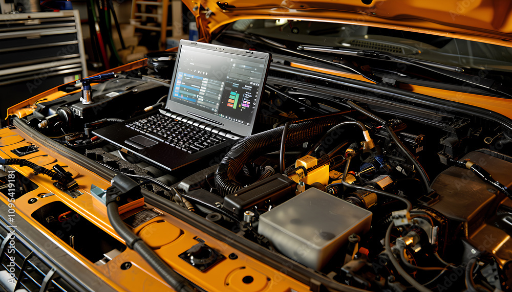 Laptop torque figures and horsepower is the engine of the vehicle for diagnostics and configuration. Diagnostic machines is ready for use with the car. Broken car in auto repair shop. Auto service Laptop torque figures and horsepower is the engine of the vehicle for diagnostics and configuration. Diagnostic machines is ready for use with the car. Broken car in auto repair shop. Auto service