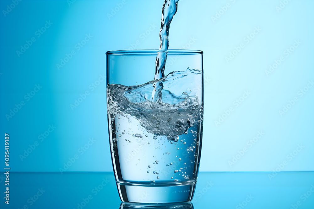 water pouring into a glass on a blue background. The concept is cleanliness and ecology and a healthy lifestyle water pouring into a glass on a blue background. The concept is cleanliness and ecology and a healthy lifestyle