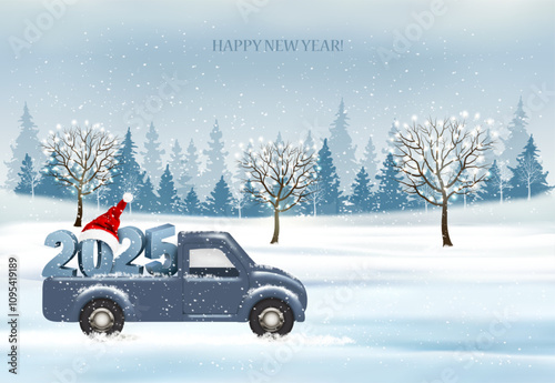 Holiday Christmas and Happy New Year background with with evening landscape and blue car with 2025 numbers and Santa hat. Winter illustration, banner, vector