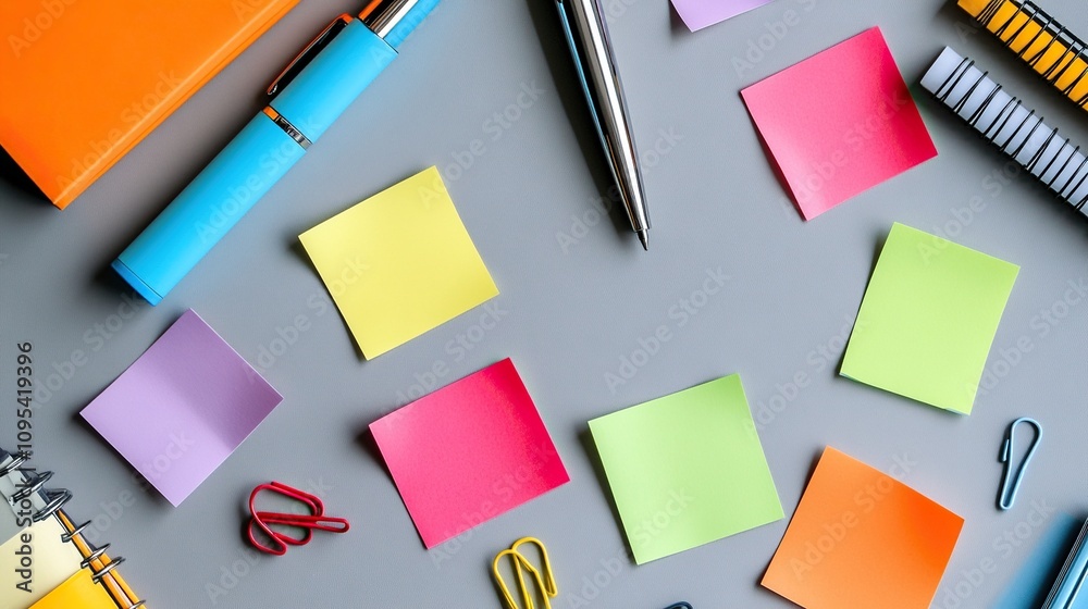 Colorful sticky notes pens and metal clips are arranged on a gray surface.
Colorful sticky notes pens and metal clips are arranged on a gray surface.