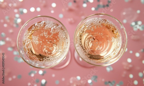 Cheers with sparkling wine in crystal glasses on a festive pink backdrop duri...
