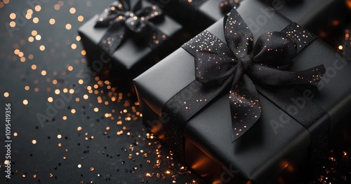 Elegant black gift boxes adorned with bows, set against a backdrop of sparkli...