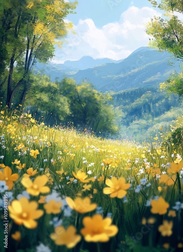 Vibrant wildflower meadow in springtime sunlight with distant mountains and l...