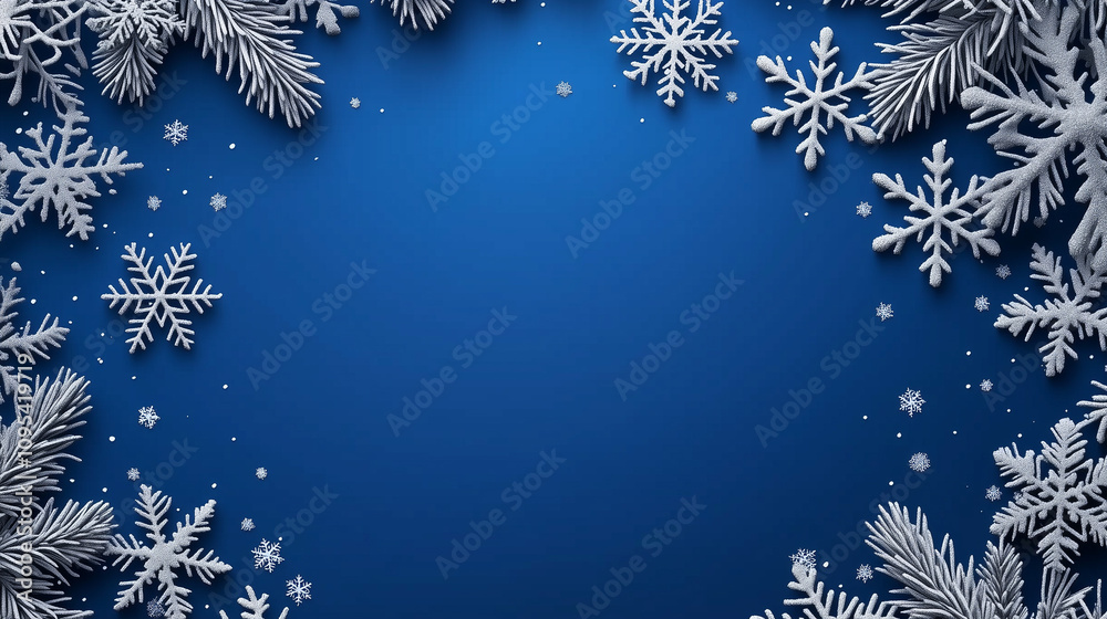 Christmas festive frame of silver snowflakes and pine branches against a rich blue background Christmas festive frame of silver snowflakes and pine branches against a rich blue background