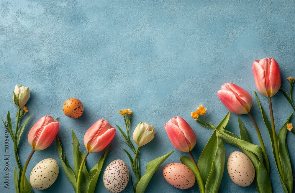 Colorful Easter eggs and tulips arranged beautifully on a vibrant blue background Colorful Easter eggs and tulips arranged beautifully on a vibrant blue background