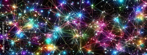 Glowing white lines, triangles, and circles connected by glowing edges, forming an abstract background