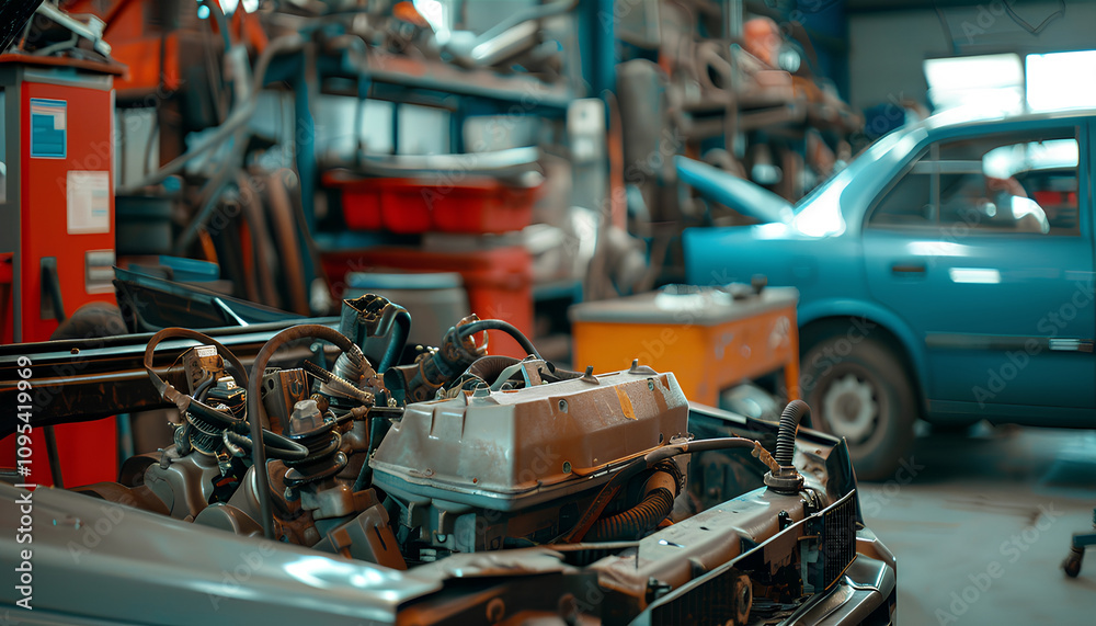 Fototapeta premium Laptop torque figures and horsepower is the engine of the vehicle for diagnostics and configuration. Diagnostic machines is ready for use with the car. Broken car in auto repair shop. Auto service