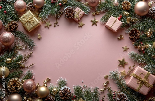 Decorative Christmas arrangement with gifts, ornaments, and pine branches on ...