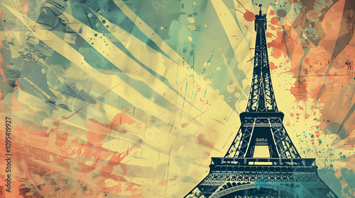 Artistic representation of the Eiffel Tower under a colorful sky with abstract patterns and vibrant hues at sunset