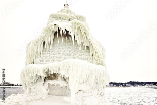 Publicly-owned by City of Grand Haven, Michigan, the Grand Haven lighthouse covered in ice. photo