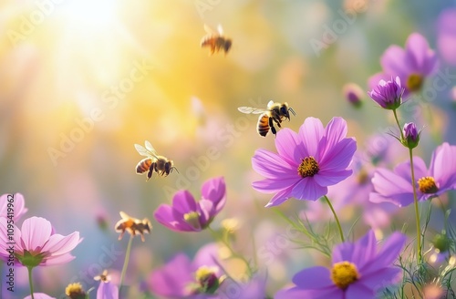 Bees pollinating vibrant flowers in a sunlit meadow during late spring afternoon