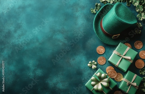 Decorative green gifts and a festive hat arranged for a St. Patricks Day cele...