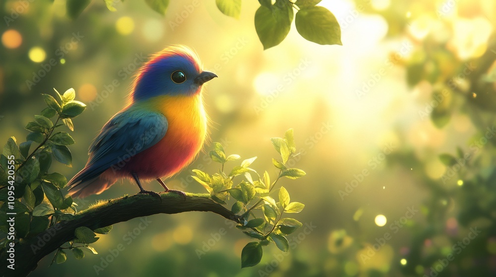 Fototapeta premium Colorful bird perched on branch, sunlight.