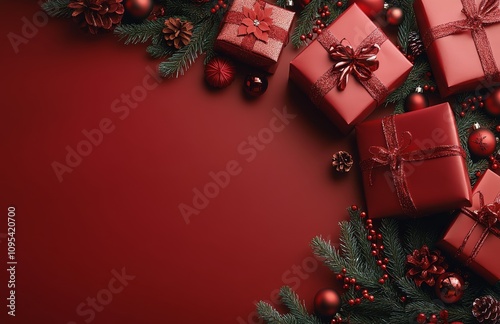 Festive Christmas gift arrangement with seasonal decorations on a rich red ba...