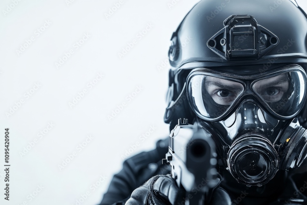 A tactical officer in full protective gear and a gas mask aims a firearm, embodying security, protection, and readiness in high-pressure situations. A tactical officer in full protective gear and a gas mask aims a firearm, embodying security, protection, and readiness in high-pressure situations.
