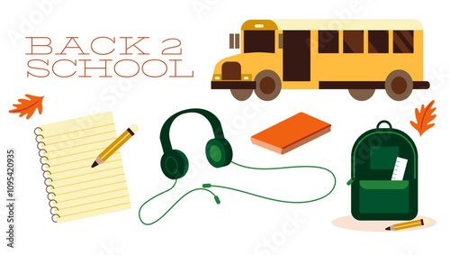 Back to School icons isolated on white: school bus, notepad, paper, pencil, headphones, book, backpack leaves