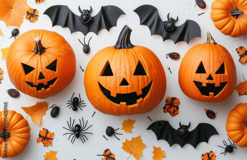 Colorful Halloween decorations with pumpkins, bats, and leaves arranged for f...