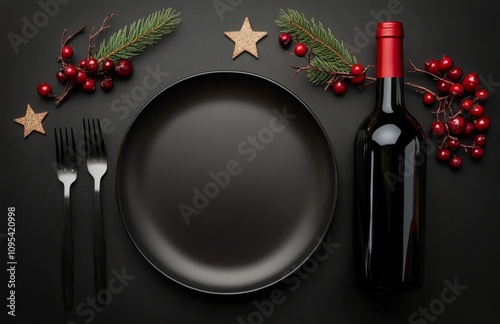 Festive table setting with black plate, wine bottle, and Christmas decoration...