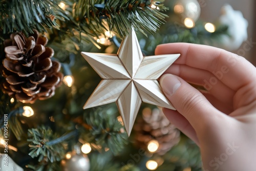 Delicately placing a star ornament on a snow-covered Christmas tree in warm h...