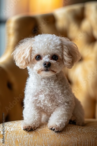 Cute white dog posing on luxurious chair indoor setting pet photography cozy environment