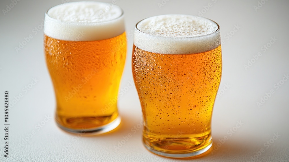 Two cold glasses of light beer with condensation.