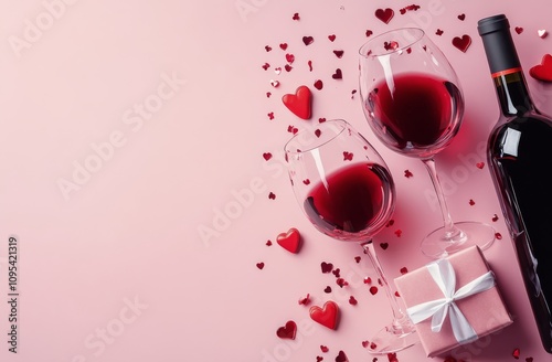 Elegant rose wine setup for a romantic celebration with gifts and heart decor...