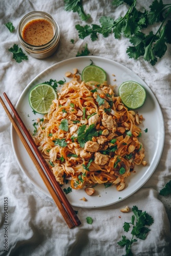 Delicious homemade pad thai with chicken, peanuts, cilantro, and lime served ...