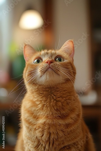 Curious ginger cat observing home environment cozy living space close-up perspective