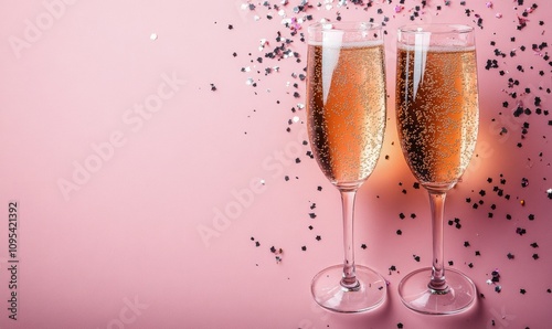 Celebratory champagne flutes filled with bubbly drink against a festive pink ...