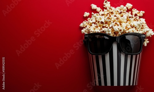 Popcorn wearing sunglasses in a playful display against a vibrant red background