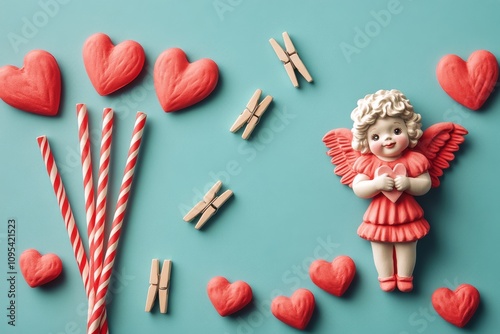 Colorful Valentines Day decorations featuring hearts and an angel on a blue b...