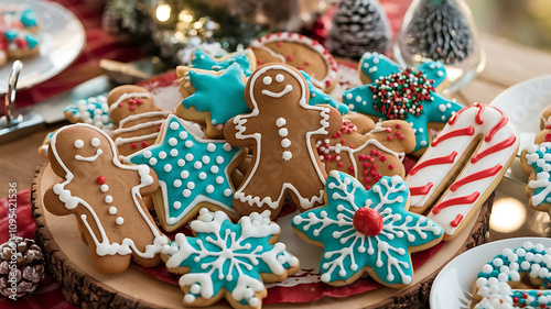 a collection of Christmas-themed cookies, including gingerbread men, star-shaped cookies, candy canes, and snowflakes