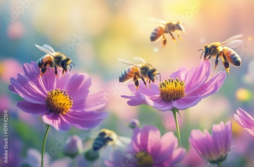 Bees pollinating vibrant flowers in a sunlit meadow during late spring afternoon