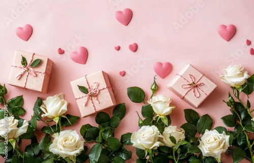 White roses, pink hearts, and gift boxes on a pastel backdrop for a celebration