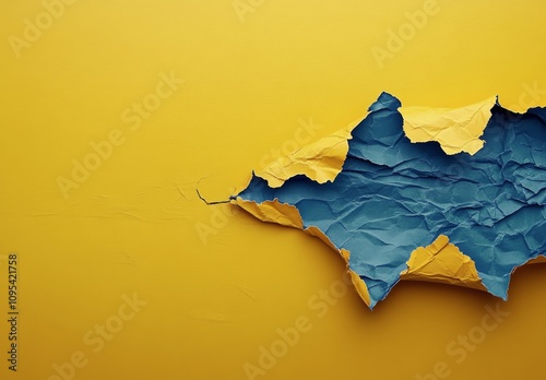 Colorful torn paper revealing a vibrant blue section against a bright yellow ...