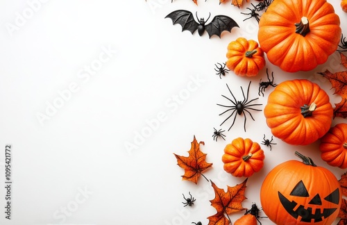 Autumn decor featuring carved pumpkins, bats, and spiders for Halloween celeb...